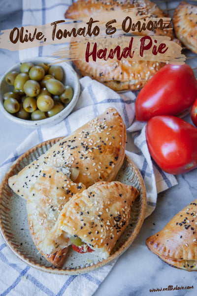 These savory and satisfying hand pies are packed with California grown green olives, tomatoes, roasted onions, fresh thyme and feta cheese.