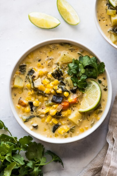 This creamy Roasted Poblano Corn Chowder combines roasted poblano peppers, sweet corn, potatoes, and Mexican seasonings for a dose of delicious comfort in a bowl
