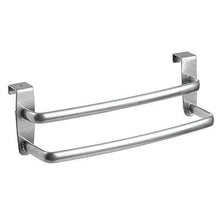 Load image into Gallery viewer, Top binovery metal modern kitchen over cabinet double towel bar rack hang on inside or outside of doors storage and organization for hand dish tea towels 9 75 wide 2 pack silver