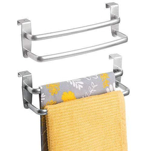 Shop here binovery metal modern kitchen over cabinet double towel bar rack hang on inside or outside of doors storage and organization for hand dish tea towels 9 75 wide 2 pack silver
