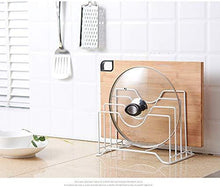 Load image into Gallery viewer, Featured haga pot lid organizer kitchen shelf pan rack cutting board holder storage pot lid organizer stands tapas cover stand stainless steel dish kitchen rack white