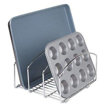 Load image into Gallery viewer, Budget decoformax metal wire cookware organizer rack for kitchen cabinet pantry and shelves organizer holder with three slots for cookie trays muffin tins bread pans cutting boards