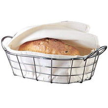 Load image into Gallery viewer, Best oval metal wire bread box fruit basket for baguette sourdough food pantry basket kitchen storage and counter display restaurant quality metal basket with linen material insert