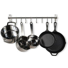 Load image into Gallery viewer, Discover stainless steel gourmet kitchen 23 25 inch wall rail pot pan utensil lid rack storage organizer with 10 s hooks