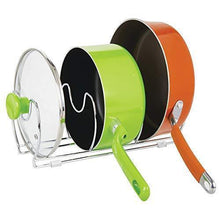 Load image into Gallery viewer, Explore mallize metal wire pot pan organizer rack for kitchen cabinet pantry shelves 6 slots for vertical or horizontal storage of skillets frying or sauce pans lids baking stones