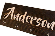 Load image into Gallery viewer, Save on personalized wall key hanger unique custom key ring jewelry rack holder customize with your name dark rustic natural wood 4 hooks decorative kitchen garage living closet