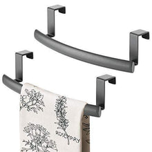 Load image into Gallery viewer, Discover the mdesign modern metal kitchen storage over cabinet curved towel bar hang on inside or outside of doors organize and hang hand dish and tea towels 9 7 wide 2 pack graphite gray