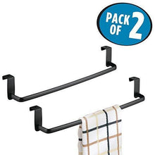 Load image into Gallery viewer, Heavy duty mdesign kitchen storage over cabinet curved steel towel bar hang on inside or outside of doors for organizing and hanging hand dish and tea towels 14 wide pack of 2 matte black finish