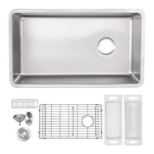 Heavy duty zuhne 32 inch under mount single bowl 16 gauge stainless steel kitchen sink with offset drain tight corners fits 36 inch cabinet