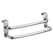 Load image into Gallery viewer, Discover mdesign modern kitchen over cabinet strong steel double towel bar rack hang on inside or outside of doors storage and organization for hand dish tea towels 9 75 wide silver finish