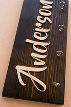 Load image into Gallery viewer, Related personalized wall key hanger unique custom key ring jewelry rack holder customize with your name dark rustic natural wood 4 hooks decorative kitchen garage living closet