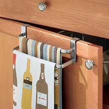 Load image into Gallery viewer, Storage binovery metal modern kitchen over cabinet double towel bar rack hang on inside or outside of doors storage and organization for hand dish tea towels 9 75 wide 2 pack silver