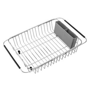Organize with blitzlabs dish drying rack stainless steel with utensil holder adjustable handle drying basket storage organizer for kitchen over or in sink on countertop dish drainer grey