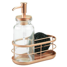 Load image into Gallery viewer, Home mdesign modern glass metal kitchen sink countertop liquid hand soap dispenser pump bottle caddy with storage compartments holds and stores sponges scrubbers and brushes clear copper