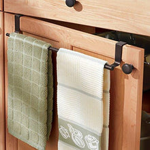 Load image into Gallery viewer, Amazon mdesign decorative kitchen over cabinet expandable towel bars hang on inside or outside of doors for hand dish and tea towels pack of 2 bronze finish