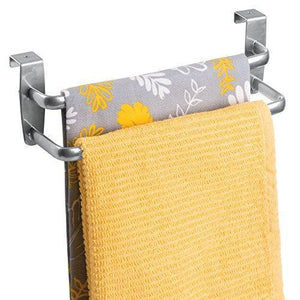 The best binovery metal modern kitchen over cabinet double towel bar rack hang on inside or outside of doors storage and organization for hand dish tea towels 9 75 wide 2 pack silver