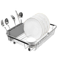 Load image into Gallery viewer, On amazon blitzlabs dish drying rack stainless steel with utensil holder adjustable handle drying basket storage organizer for kitchen over or in sink on countertop dish drainer grey