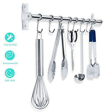 Load image into Gallery viewer, Budget friendly lesfit utensil rack kitchen wall mounted stainless steel rack rail for hanging knives pot and pan with 8 removable hooks 20 inches
