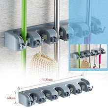Load image into Gallery viewer, New mop broom holder wall mounted garden tool organizer space saving storage rack hanger with 5 position with 6 hooks strong grip holds up to 11 tools for kitchen garden and garage