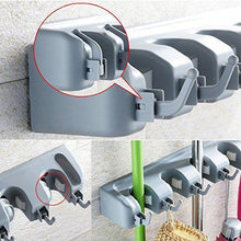 Load image into Gallery viewer, Kitchen mop broom holder wall mounted garden tool organizer space saving storage rack hanger with 5 position with 6 hooks strong grip holds up to 11 tools for kitchen garden and garage