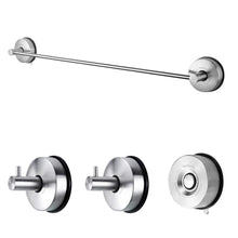 Load image into Gallery viewer, Home yohom stainless steel 3 piece vacuum suction cup bathroom kitchen hardware accessory set with 18 5 towel bar rack 2 x shower robe hooks holder brushed finish