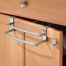 Load image into Gallery viewer, Buy now mdesign modern kitchen over cabinet strong steel double towel bar rack hang on inside or outside of doors storage and organization for hand dish tea towels 9 75 wide silver finish