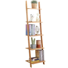 Load image into Gallery viewer, Purchase exilot natural bamboo ladder shelf 5 tier wall leaning bookshelf ladder bookcase storage display shelves for living room kitchen office multi functional plant flower stand shelf
