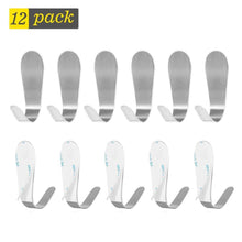Load image into Gallery viewer, New self adhesive wall hooks 304 stainless steel key hooks heavy duty sticky coat hooks for towel robe hat 12 pack no drill no damage nailless waterproof metal hook for bathroom shower kitchen toilet