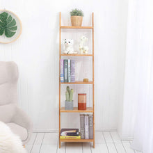Load image into Gallery viewer, Selection exilot natural bamboo ladder shelf 5 tier wall leaning bookshelf ladder bookcase storage display shelves for living room kitchen office multi functional plant flower stand shelf