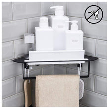 Load image into Gallery viewer, Exclusive forious bathroom shower caddy and kitchen shelf combine with squeegee towel ring and robe hooks patented glue 3m self adhesive aluminum black