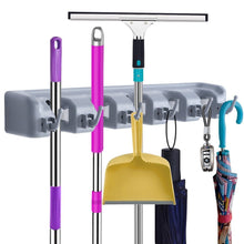 Load image into Gallery viewer, Get mop broom holder wall mounted garden tool organizer space saving storage rack hanger with 5 position with 6 hooks strong grip holds up to 11 tools for kitchen garden and garage