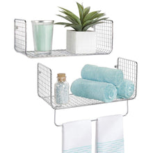 Load image into Gallery viewer, Discover the mdesign metal wire farmhouse wall decor storage organizer shelving set 1 shelf with towel bar for bathroom laundry room kitchen garage wall mount 2 pieces chrome
