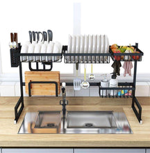 Load image into Gallery viewer, Selection dish drying rack over sink kitchen supplies storage shelf countertop space saver display stand tableware drainer organizer utensils holder stainless steel black