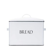 Load image into Gallery viewer, New outshine vintage metal bread bin countertop space saving extra large high capacity bread storage box for your kitchen holds 2 loaves 13 x 10 x 7 white with bread lettering