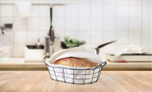 Load image into Gallery viewer, Budget oval metal wire bread box fruit basket for baguette sourdough food pantry basket kitchen storage and counter display restaurant quality metal basket with linen material insert