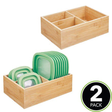 Load image into Gallery viewer, Heavy duty mdesign bamboo wood kitchen storage bin organizer for food container lids and covers use in cabinets pantries cupboards large divided organizer with 3 sections 2 pack natural