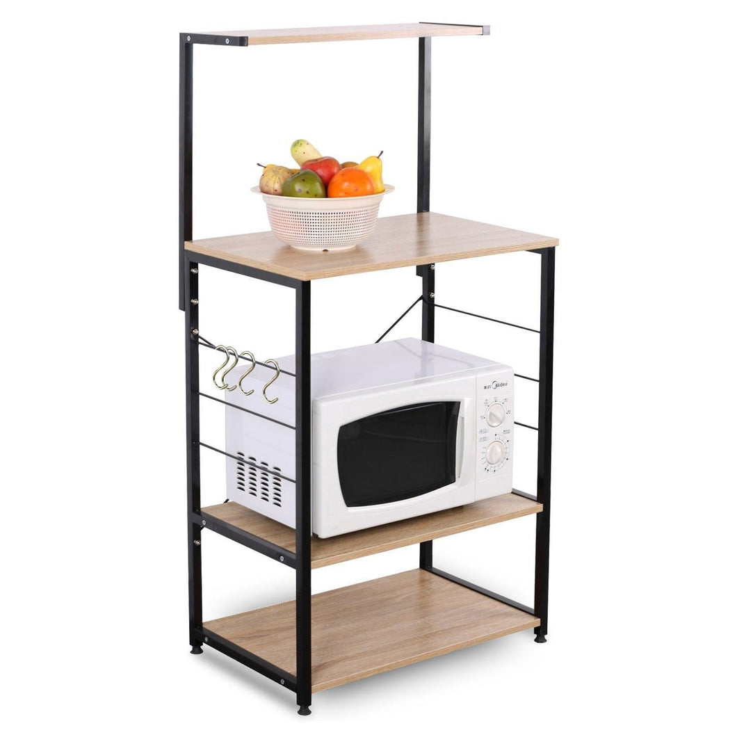 Home woltu 4 tiers shelf kitchen storage display rack wooden and metal standing shelving unit for home bathroom use with 4 hooks
