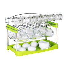 Load image into Gallery viewer, Budget friendly 3 tier mug organizer rack with drainer tray 12 hooks for drying wine glasses coffee mugs tea cups space saving storage holder for kitchen cabinet counter tabletop stainless steel plastic