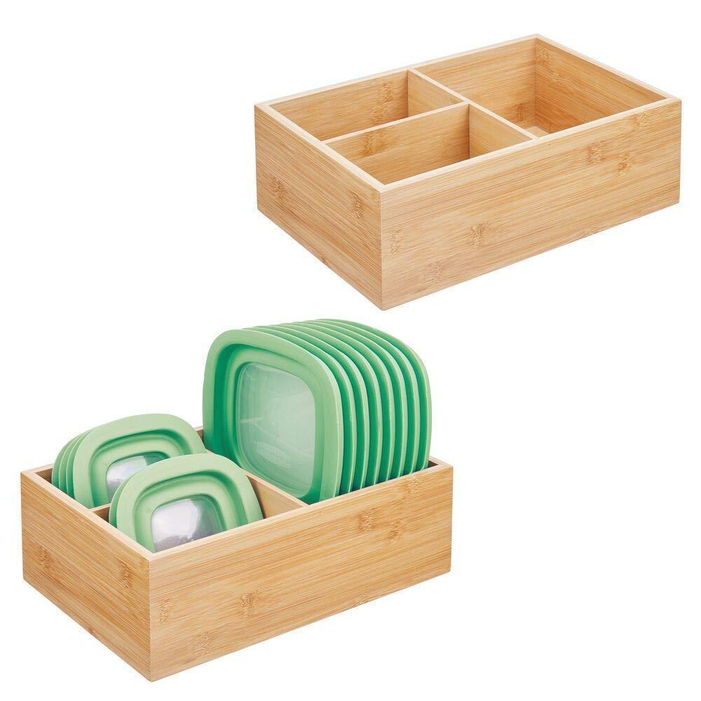 Discover the best mdesign bamboo wood kitchen storage bin organizer for food container lids and covers use in cabinets pantries cupboards large divided organizer with 3 sections 2 pack natural