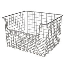Load image into Gallery viewer, Save mdesign metal kitchen pantry food storage organizer basket farmhouse grid design with open front for cabinets cupboards shelves holds potatoes onions fruit 12 wide 2 pack graphite gray