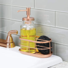 Load image into Gallery viewer, Latest mdesign modern glass metal kitchen sink countertop liquid hand soap dispenser pump bottle caddy with storage compartments holds and stores sponges scrubbers and brushes clear copper