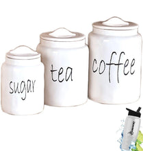 Load image into Gallery viewer, Purchase gift included white farmhouse kitchen countertop sugar tea coffee canister set free bonus water bottle by home cricket homecricket