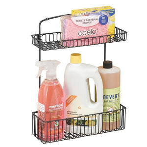 New mdesign metal farmhouse wall mount kitchen storage organizer holder or basket hang on wall under sink or cabinet door in kitchen pantry holds dish soap window cleaner sponges matte black