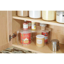Load image into Gallery viewer, Great mdesign corner plastic metal freestanding stackable organizer shelf for kitchen countertop pantry or cabinet for storing plates mugs bowls canned goods baking supplies 4 pack clear chrome