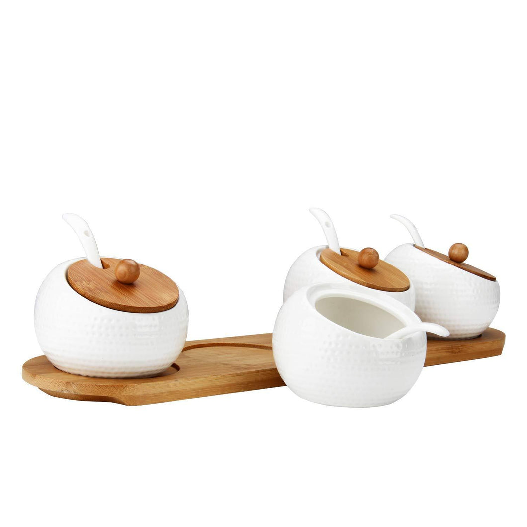 Explore ruckae ceramic condiment jar spice container with bamboo lid porcelain spoon wooden tray set of 4 white 170ml5 8 oz perfect spice storage for home kitchen counter