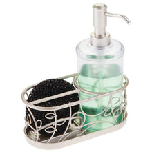 Load image into Gallery viewer, Latest mdesign decorative wire kitchen sink countertop pump bottle caddy liquid hand soap dispenser with storage compartment holds and stores sponges scrubbers and brushes vine design clear satin