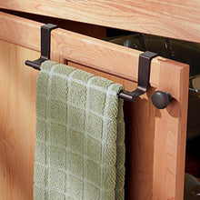 Load image into Gallery viewer, Top rated mdesign decorative kitchen over cabinet expandable towel bars hang on inside or outside of doors for hand dish and tea towels pack of 2 bronze finish