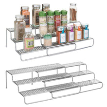 Load image into Gallery viewer, Amazon mdesign adjustable expandable kitchen wire metal storage cabinet cupboard food pantry shelf organizer spice bottle rack holder 3 level storage up to 25 wide 2 pack silver