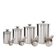 Load image into Gallery viewer, Try beautiful canisters sets for the kitchen counter 8 piece stainless steel medium sized with glass lids and measuring cups silveronyx tea coffee sugar flour canisters 8pc glass lids