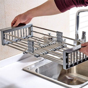 Get lxjymxkitchen storage rack multi function rack stainless steel sink single row frame telescopic drain basket dish drain rack grey